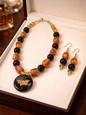 Butterfly Glass Encased Pendant Carnelian Gemstone Black Nugget Choker Necklace